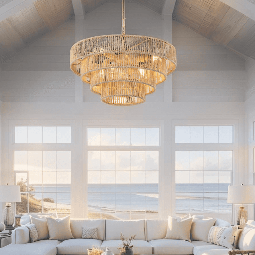 Close-up of woven rattan texture on coastal pendant light fixture