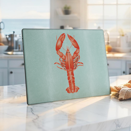 Red lobster glass cutting board for coastal kitchen decor or seafood lovers