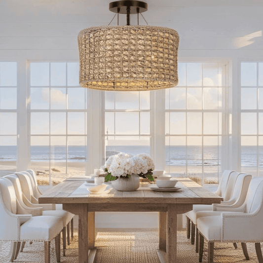 Coastal rattan drum ceiling light in beach-style living room