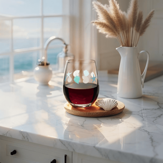 Coastal stemless wine glass with nautical design for beach-themed kitchen