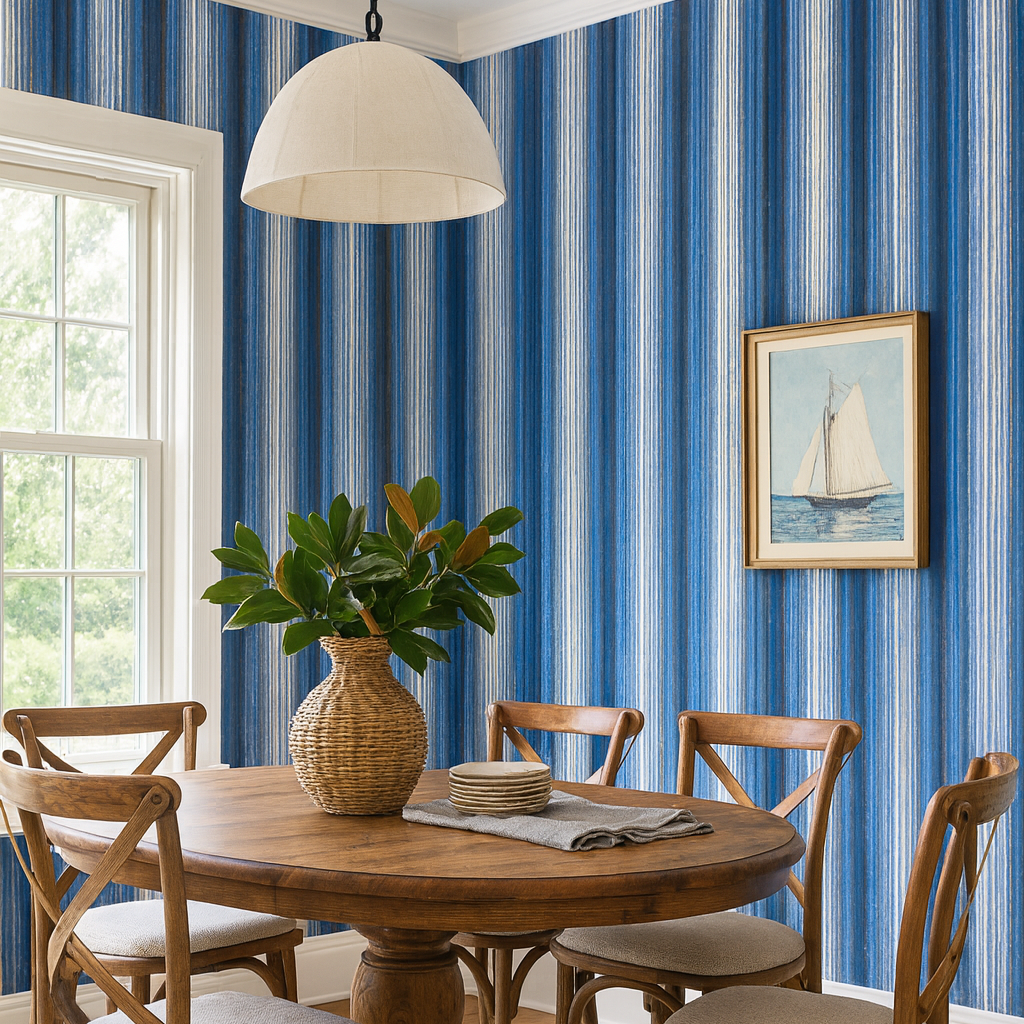 Coastal Strata wallpaper with vertical ikat stripes in aqua and deep indigo