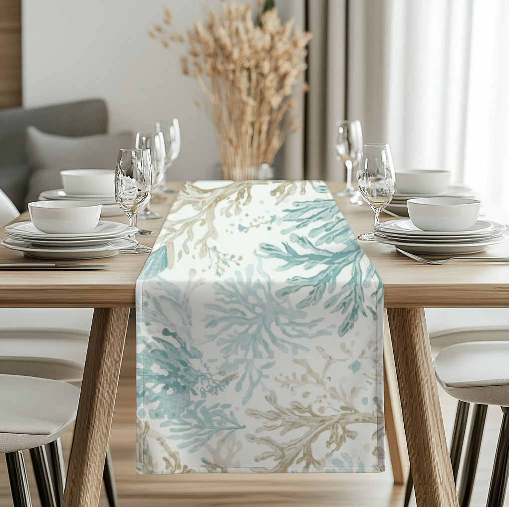 Light blue and coral runner styled with white dishware
