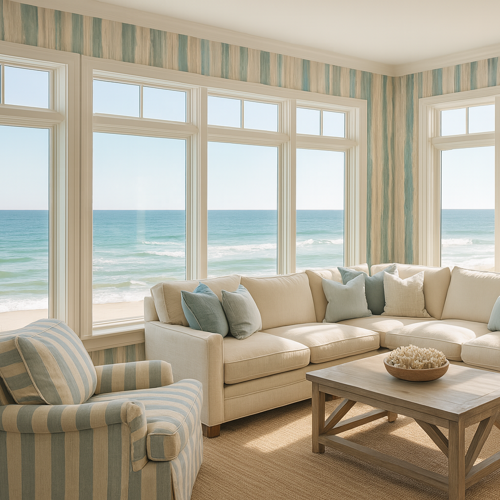 Beach-house style watercolor striped wallpaper installed on a wall