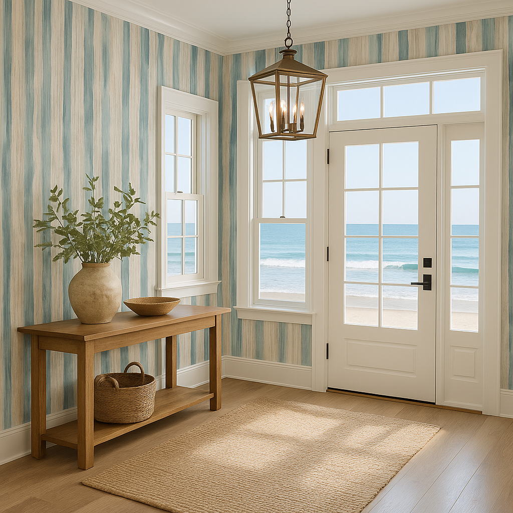 Coastal watercolor stripe wallpaper with aqua, ivory, and sand brushstrokes
