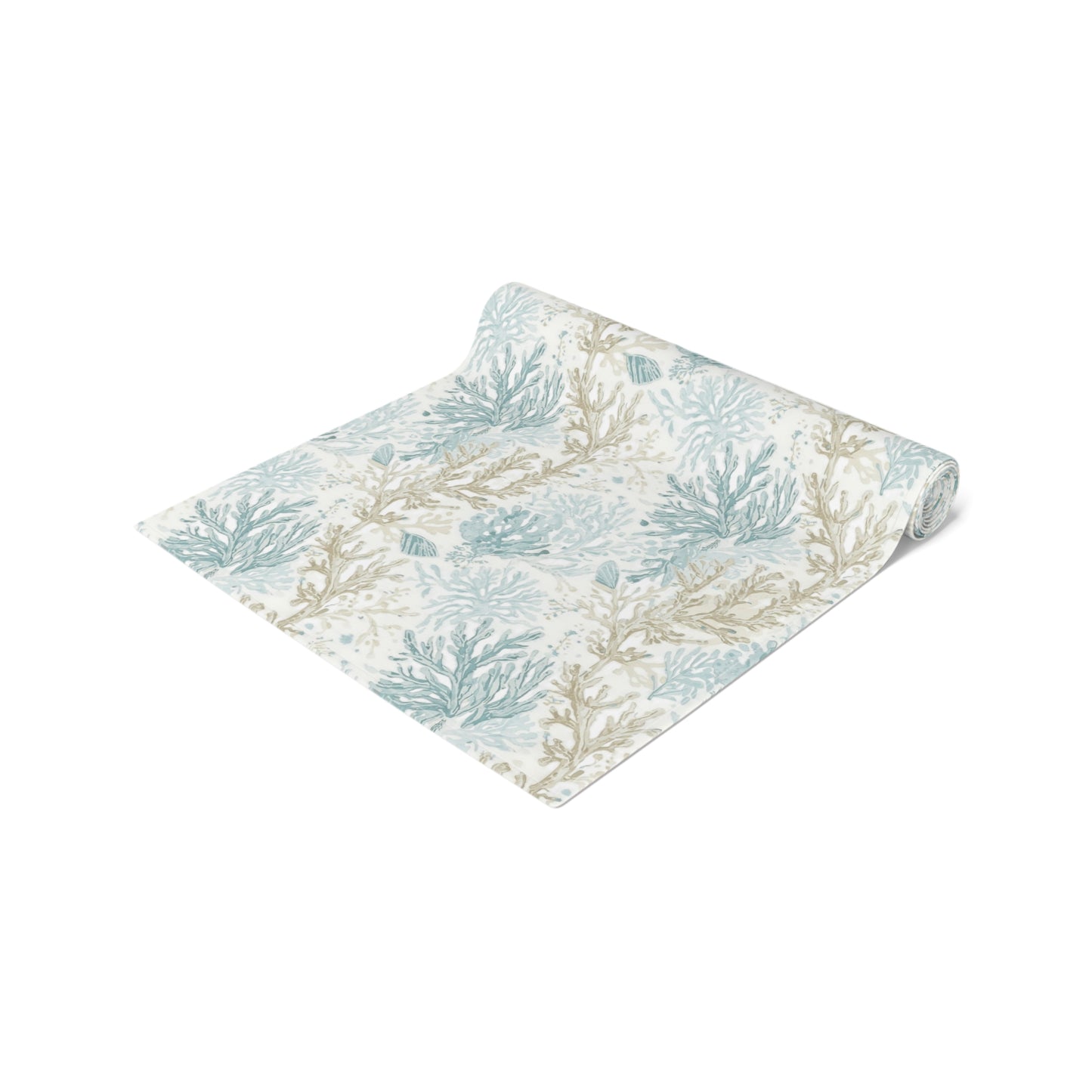 Coral light blue table runner in coastal kitchen décor