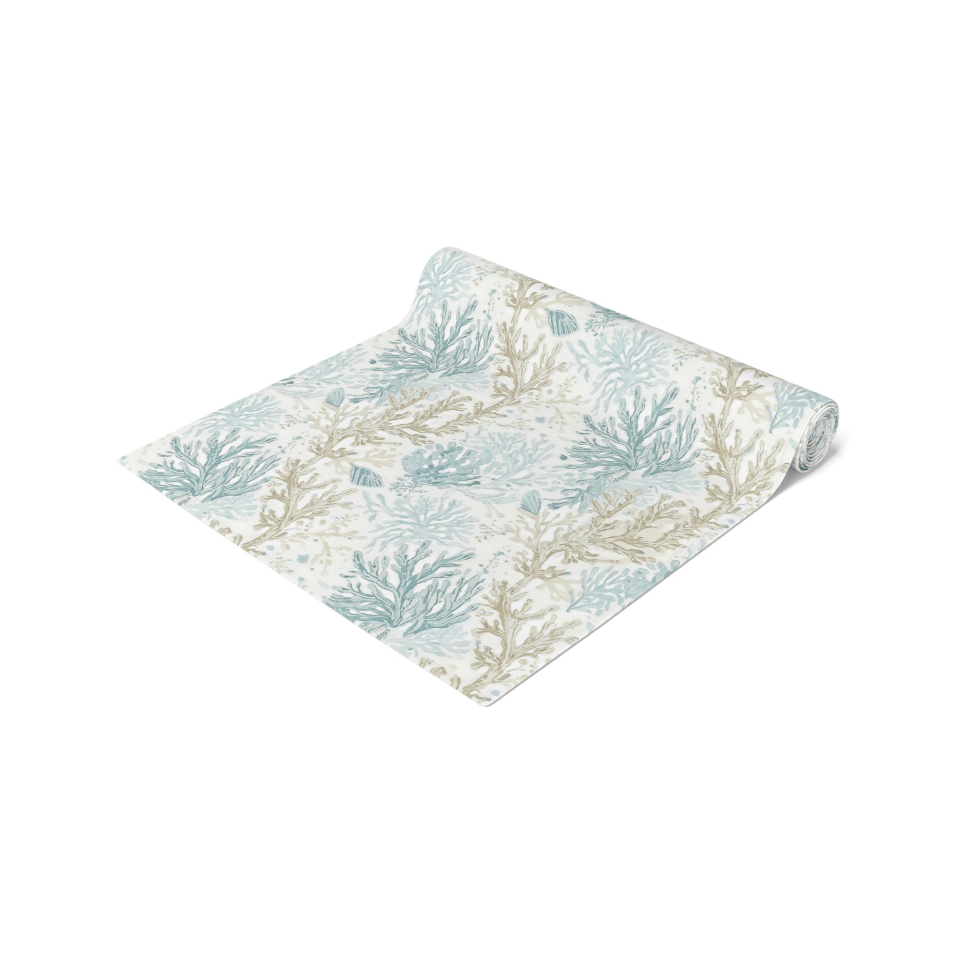 Coral light blue table runner in coastal kitchen décor