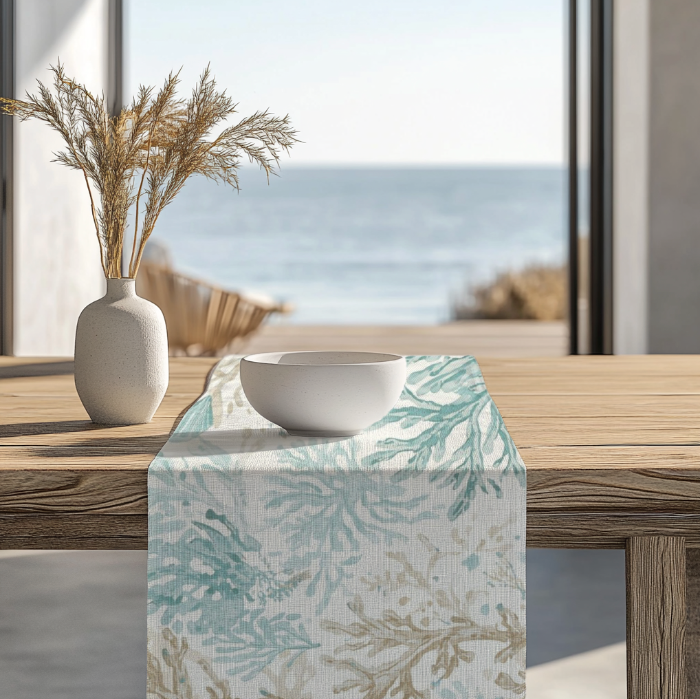 Coral and light blue coastal table runner on dining table