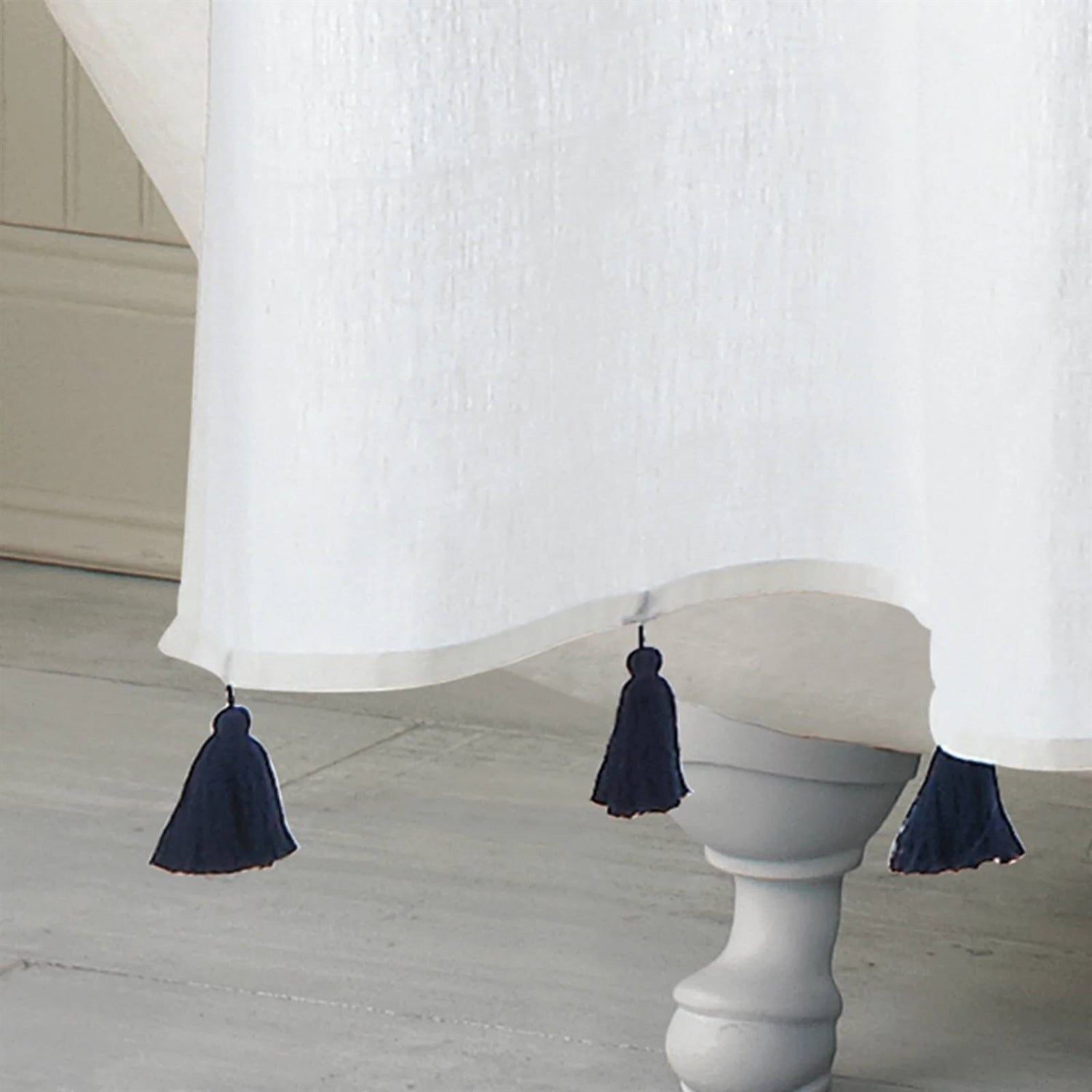 72-inch navy stripe shower curtain in modern coastal bathroom