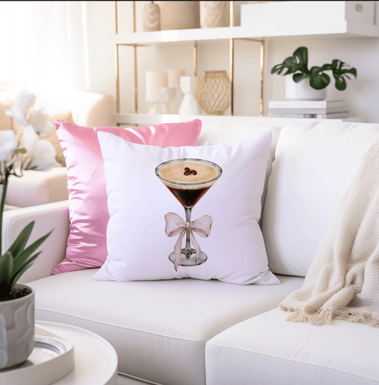 Espresso martini pillow with pink bow and coquette aesthetic