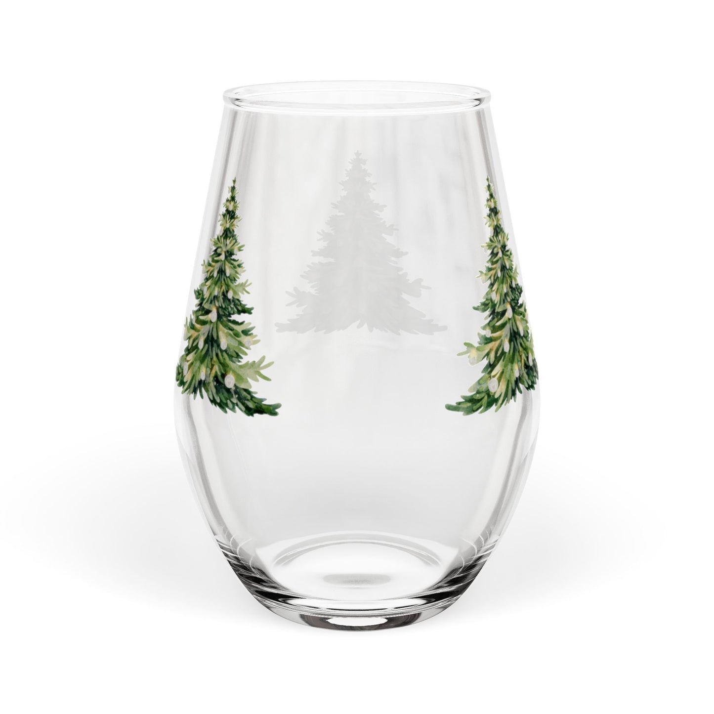 Elegant Stemless Wine Glass with Christmas Tree Design