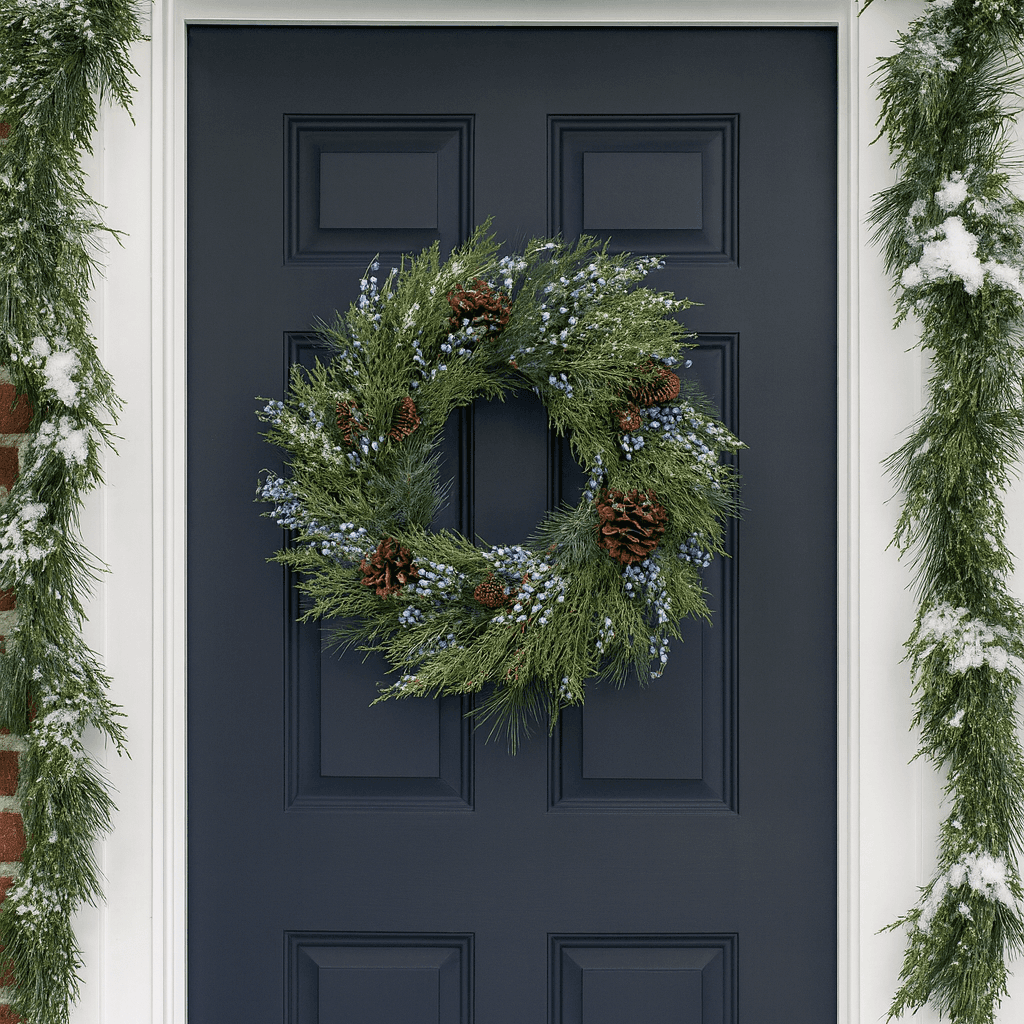 Navy blue door with a festive wreath and snow-covered greenery