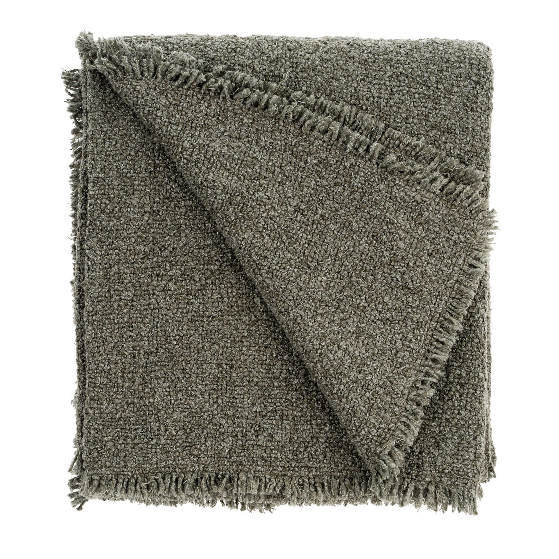 Neutral fringed bouclé throw blanket in linen-blend fabric, 60x50