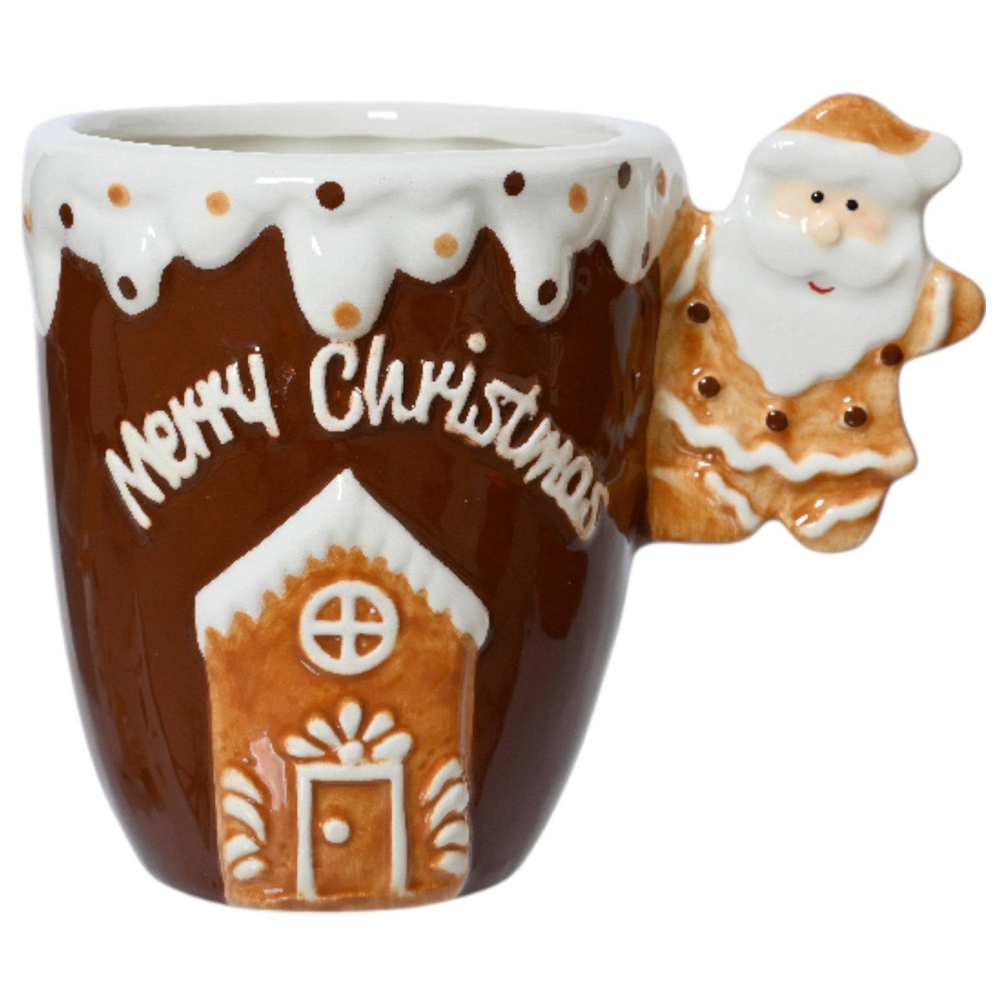 Festive gingerbread house Christmas mug with holiday characters