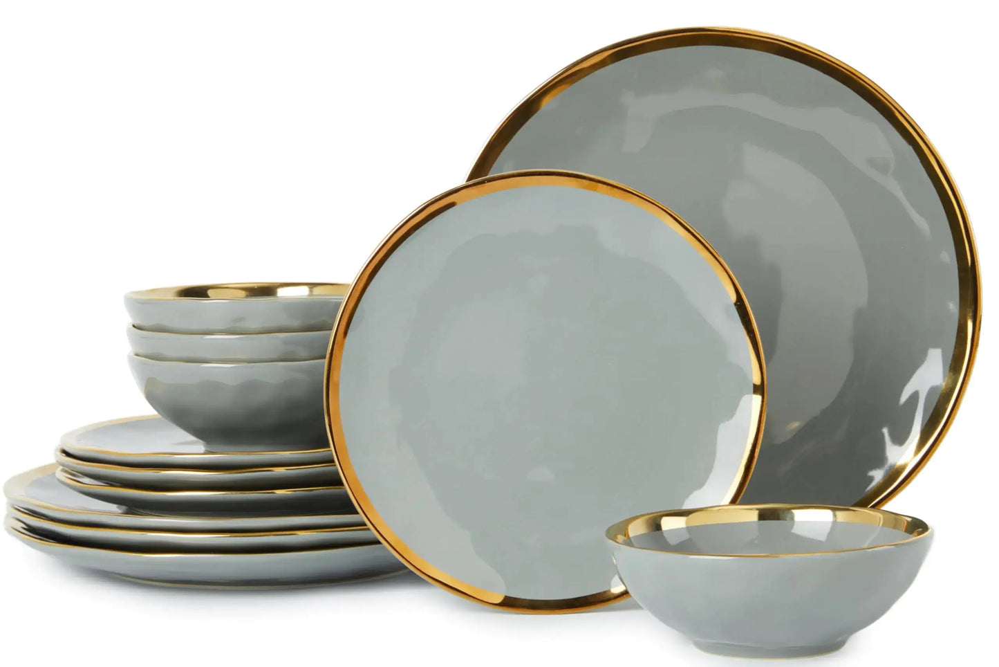 Elegant 12-Piece Grey Porcelain Dinnerware Set with Gold Rim