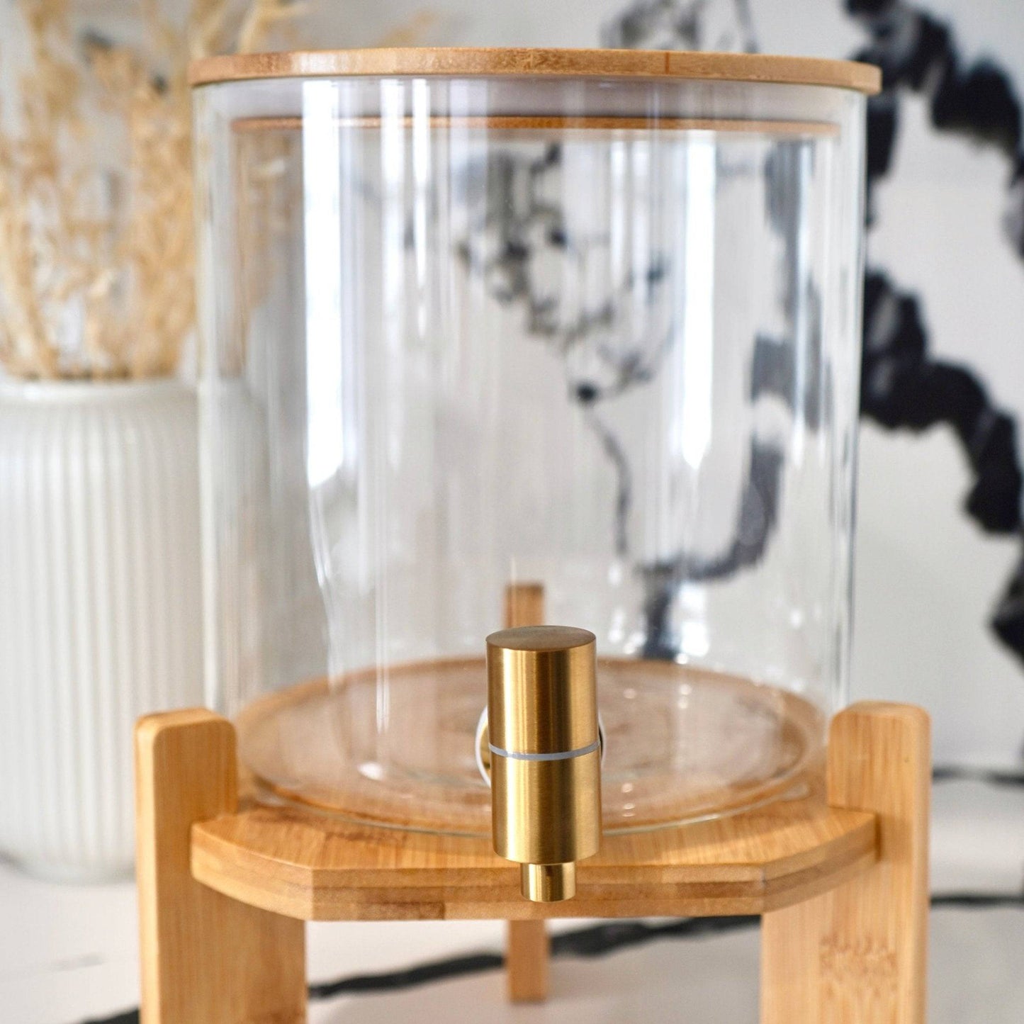 Glass Drink Dispenser with Wood Stand