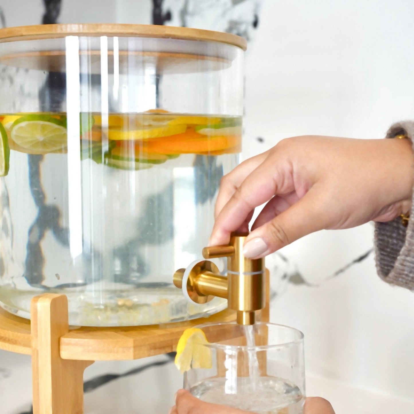 Glass Drink Dispenser with Wood Stand