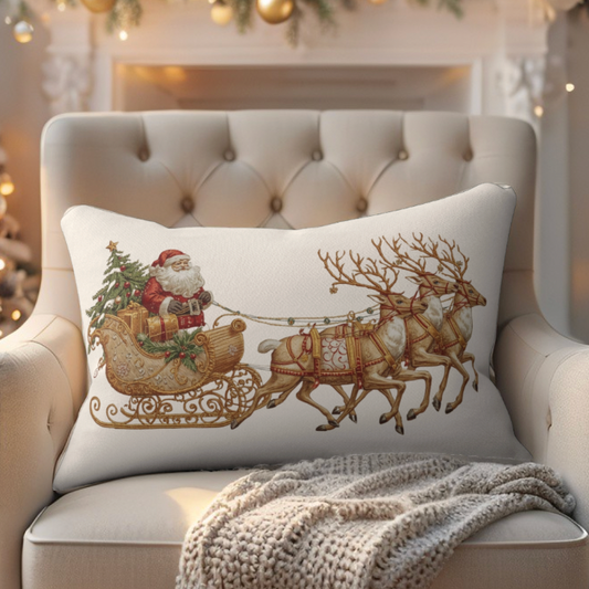 Decorative pillow with Santa Claus and reindeer design on a beige armchair.