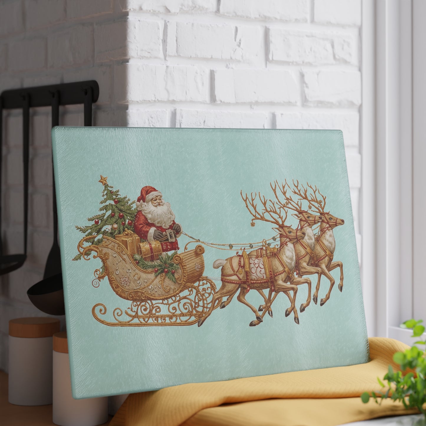 Santa and reindeer holiday illustration on durable tempered glass board