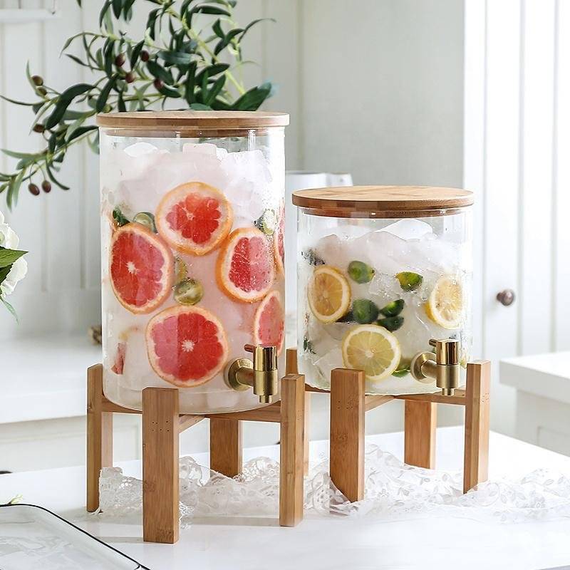 Glass Drink Dispenser with Wood Stand