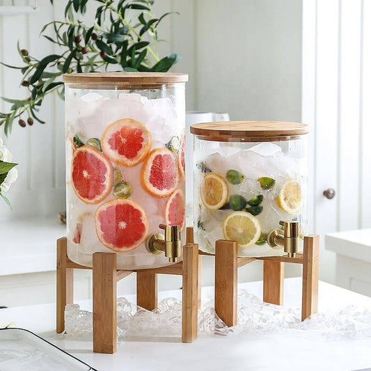 Glass Drink Dispenser with Wood Stand