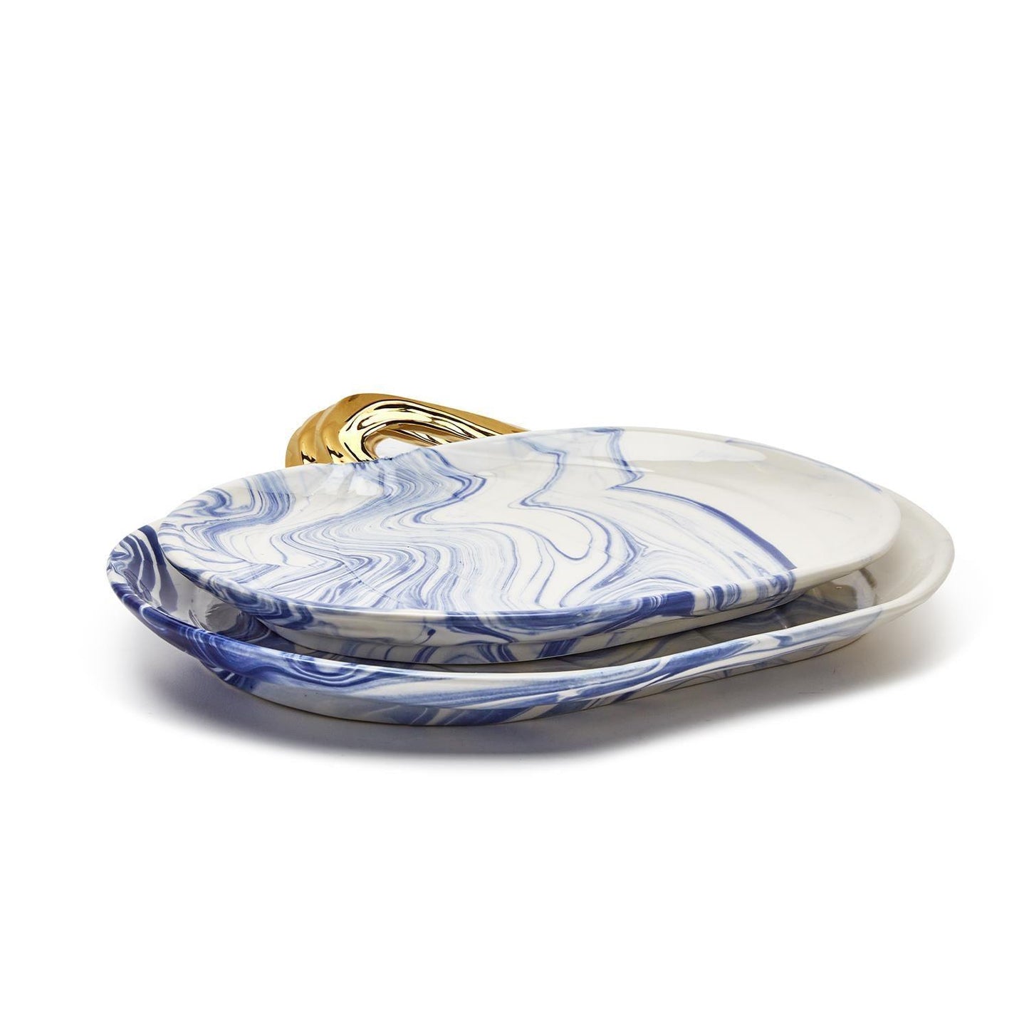 Luxury Blue and White Marble Platter in a Pumpkin Shape, featuring a Gold Stem—a chic piece for Coastal Home Decor and Year-Round Serving.