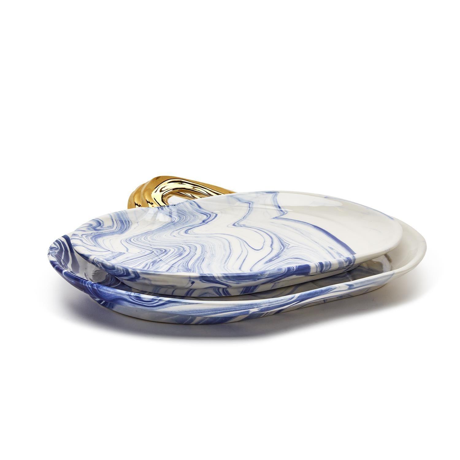 Luxury Blue and White Marble Platter in a Pumpkin Shape, featuring a Gold Stem—a chic piece for Coastal Home Decor and Year-Round Serving.