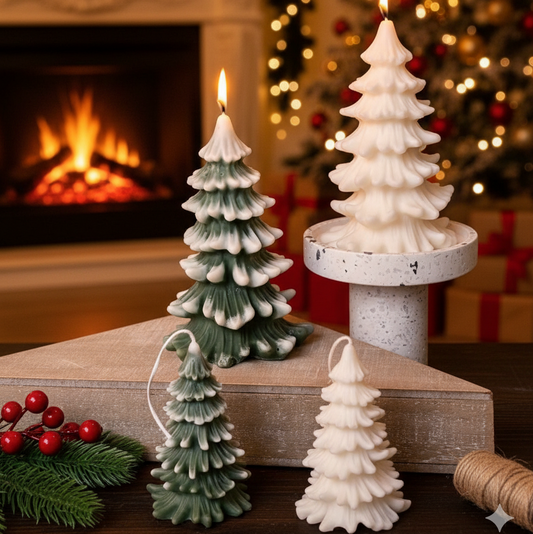Pine scented Christmas tree shaped candle sitting next to a garland on a festive holiday mantel. Great for decorative Christmas decor