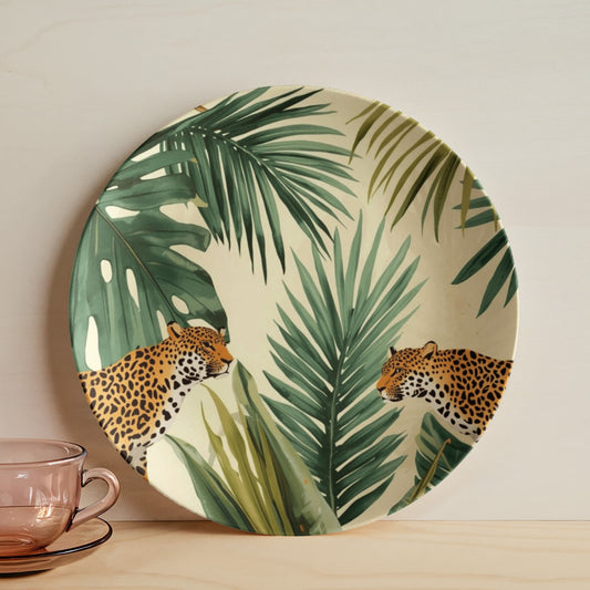 Luxury 10-inch ceramic dinner plate with a bold, high-contrast jaguar animal print design.
