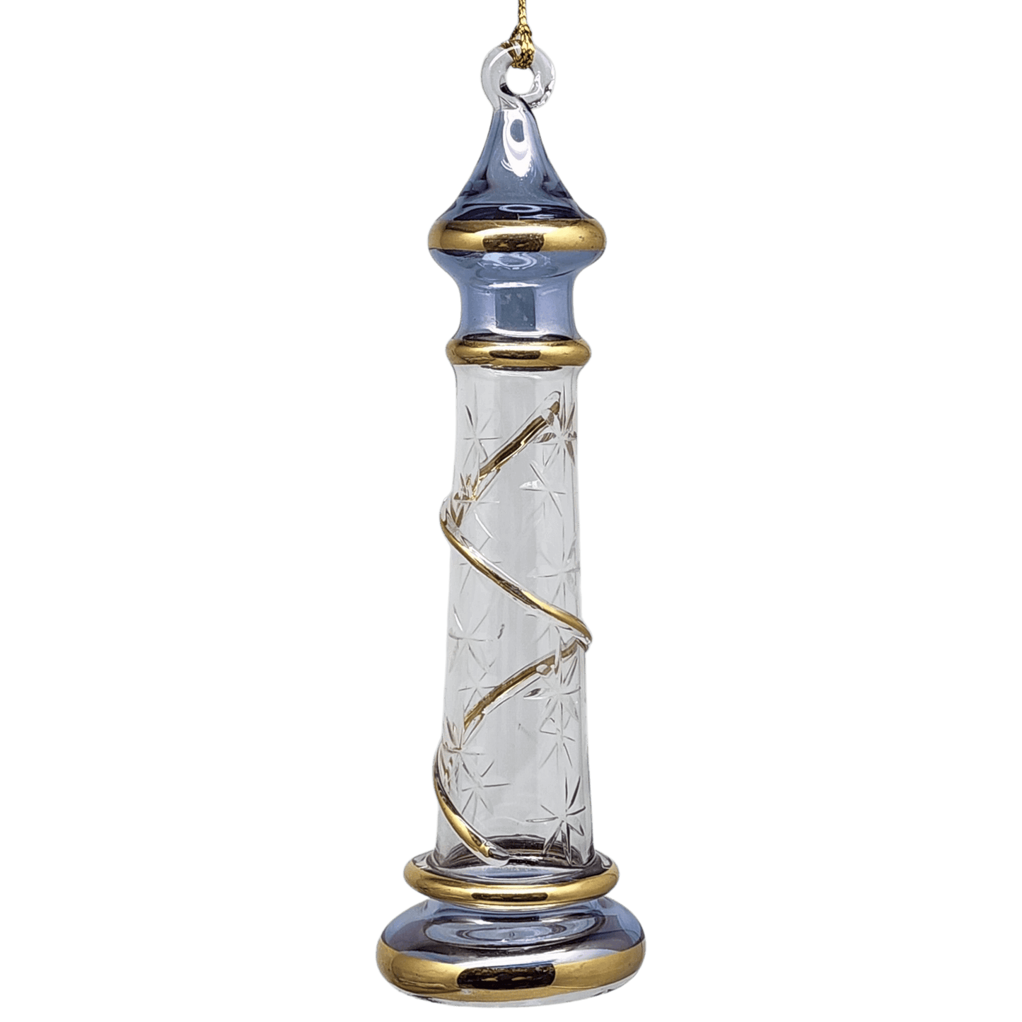 Glass Lighthouse Ornament With Gold Accent - Blue