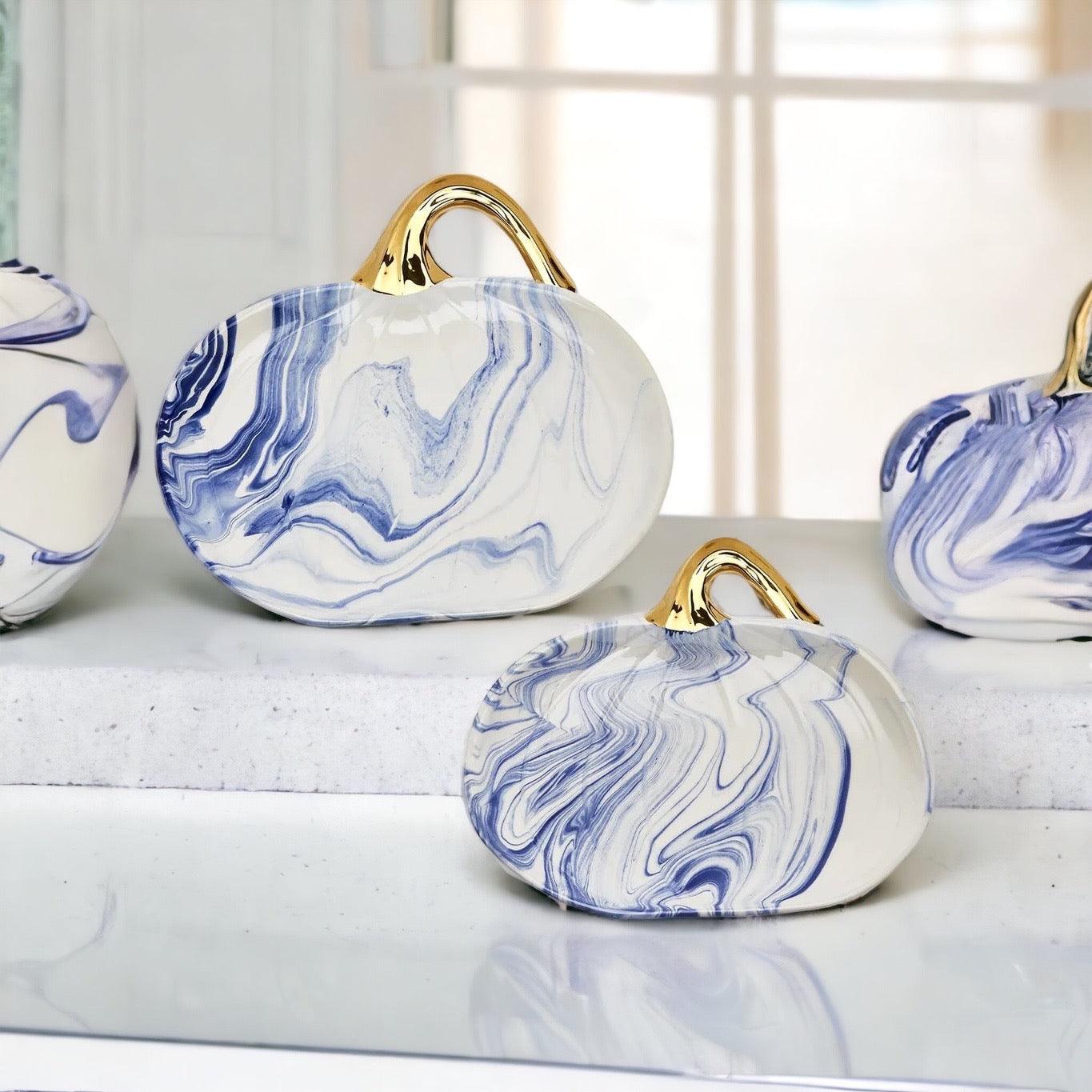 Marbled Blue and White Pumpkin Serving Platter with Gold Stem, ideal for Coastal Thanksgiving and Elegant Fall Decor.