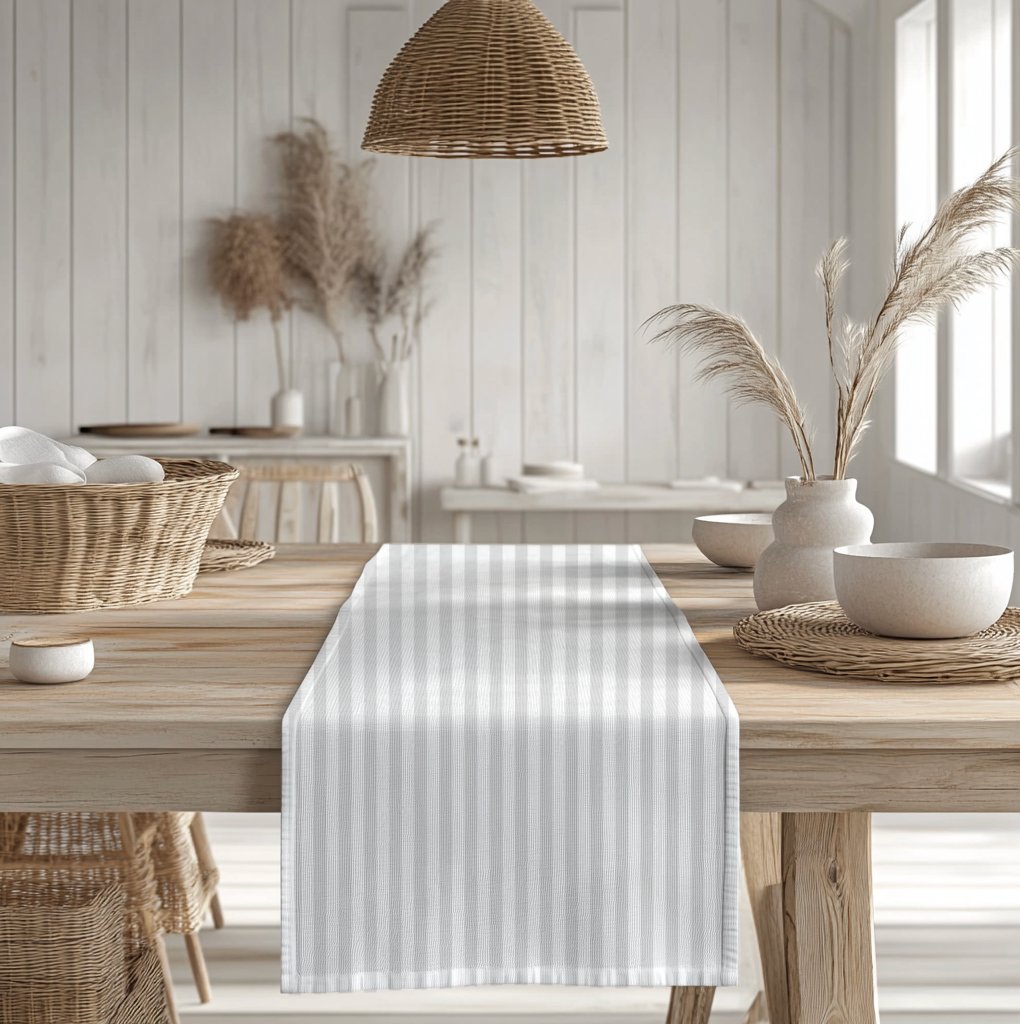 Modern beach house table décor with grey runner