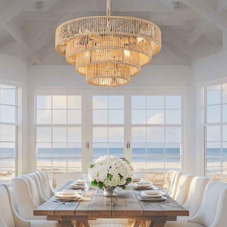 Minimalist beach-style pendant light in neutral coastal decor setting