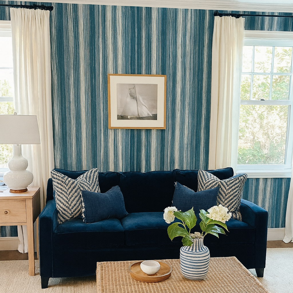 Vertical ocean blue ikat stripe wallpaper with soft coastal movement