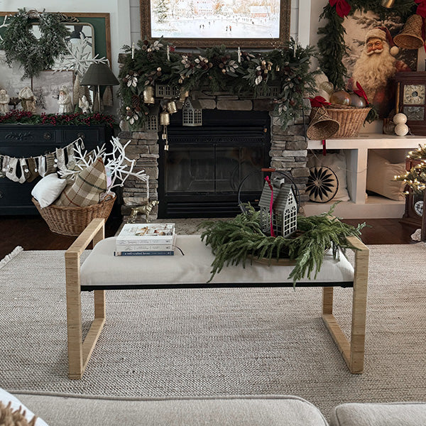 Neutral coastal furniture bench with natural wood frame