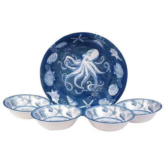 Beach-themed bowl set featuring sea shells and ocean life patterns for indoor or outdoor dining