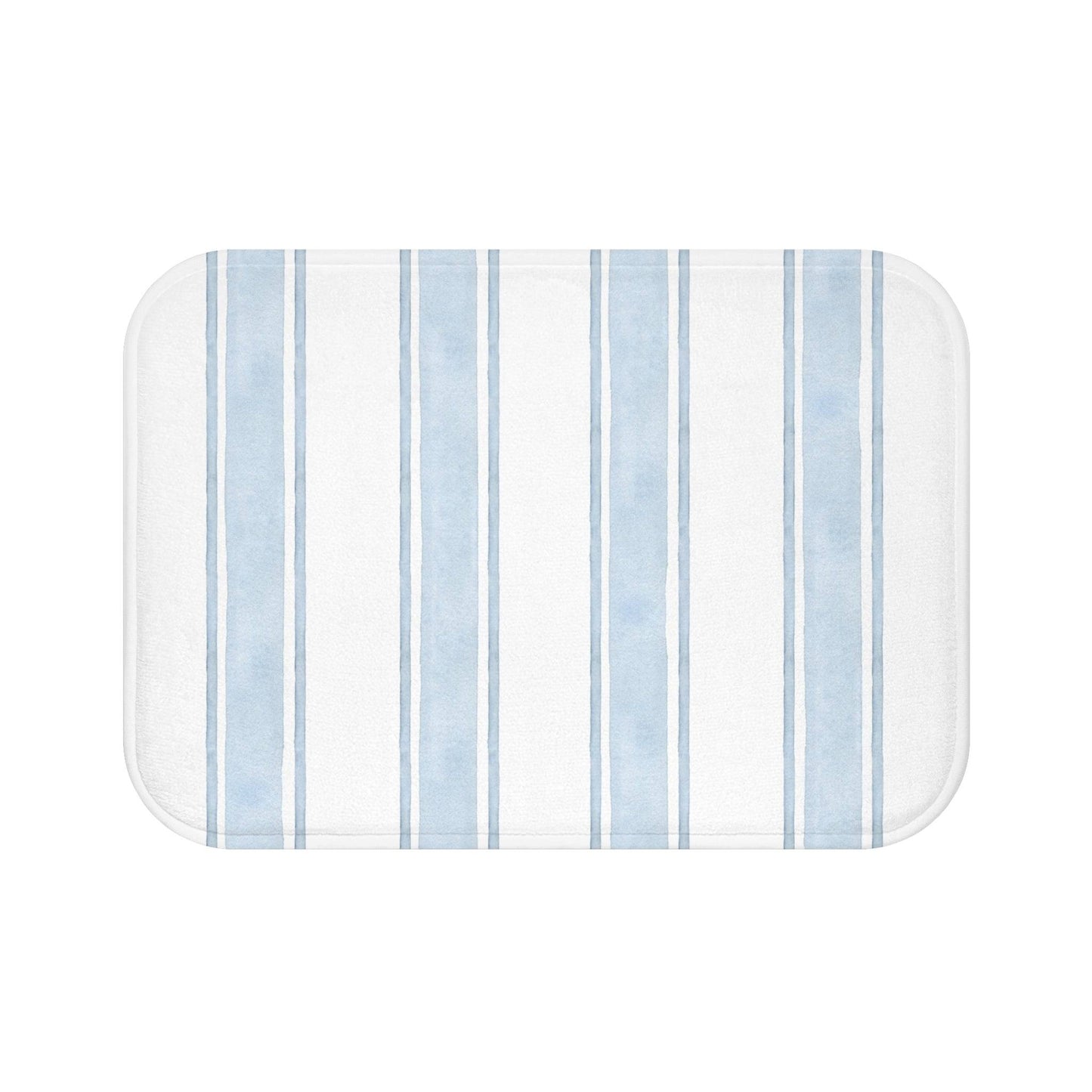 Beachy coastal bath mat with horizontal blue and white stripes