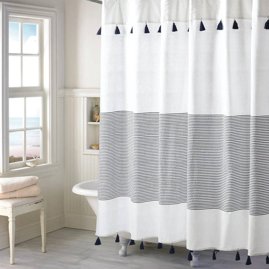 Navy and white coastal striped cotton shower curtain with tassel hem