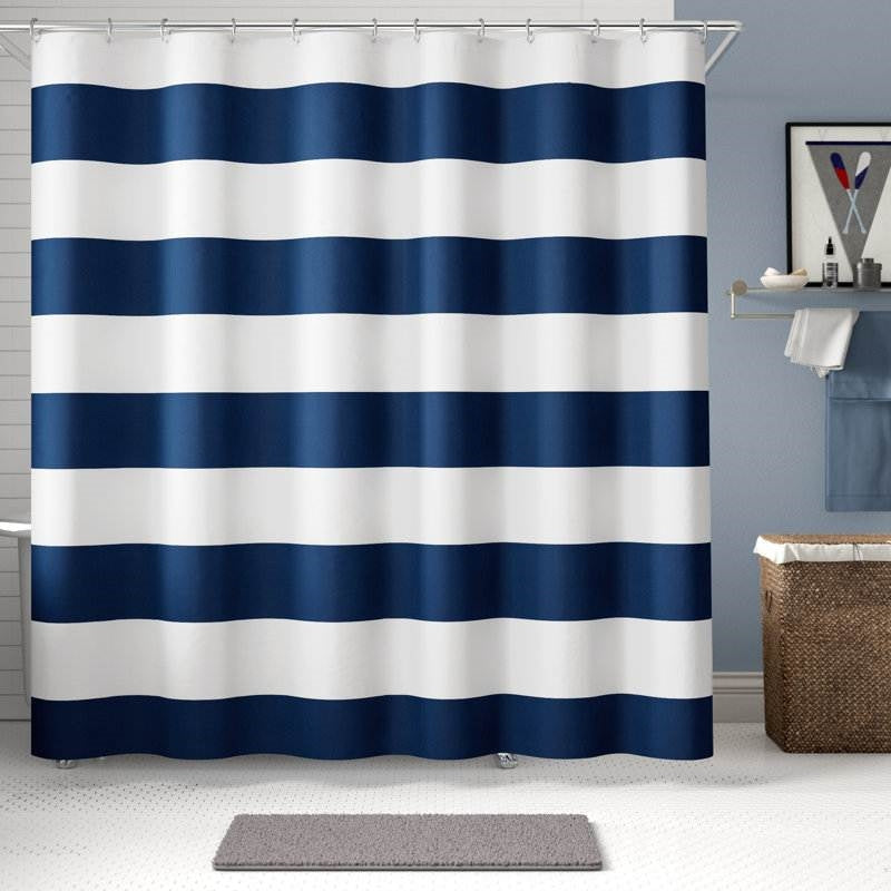 Navy blue and white nautical striped polyester shower curtain