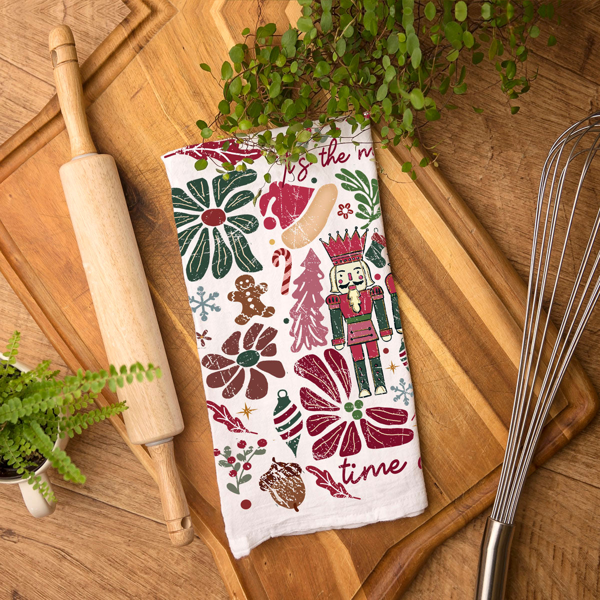 Boho Floral Nutcracker Christmas Kitchen Towel