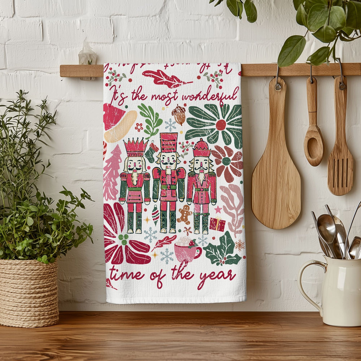 Boho Floral Nutcracker Christmas Kitchen Towel
