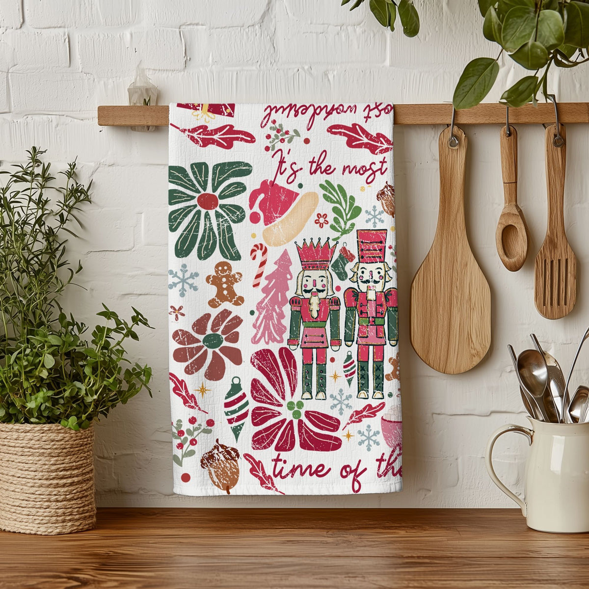 Boho Floral Nutcracker Christmas Kitchen Towel