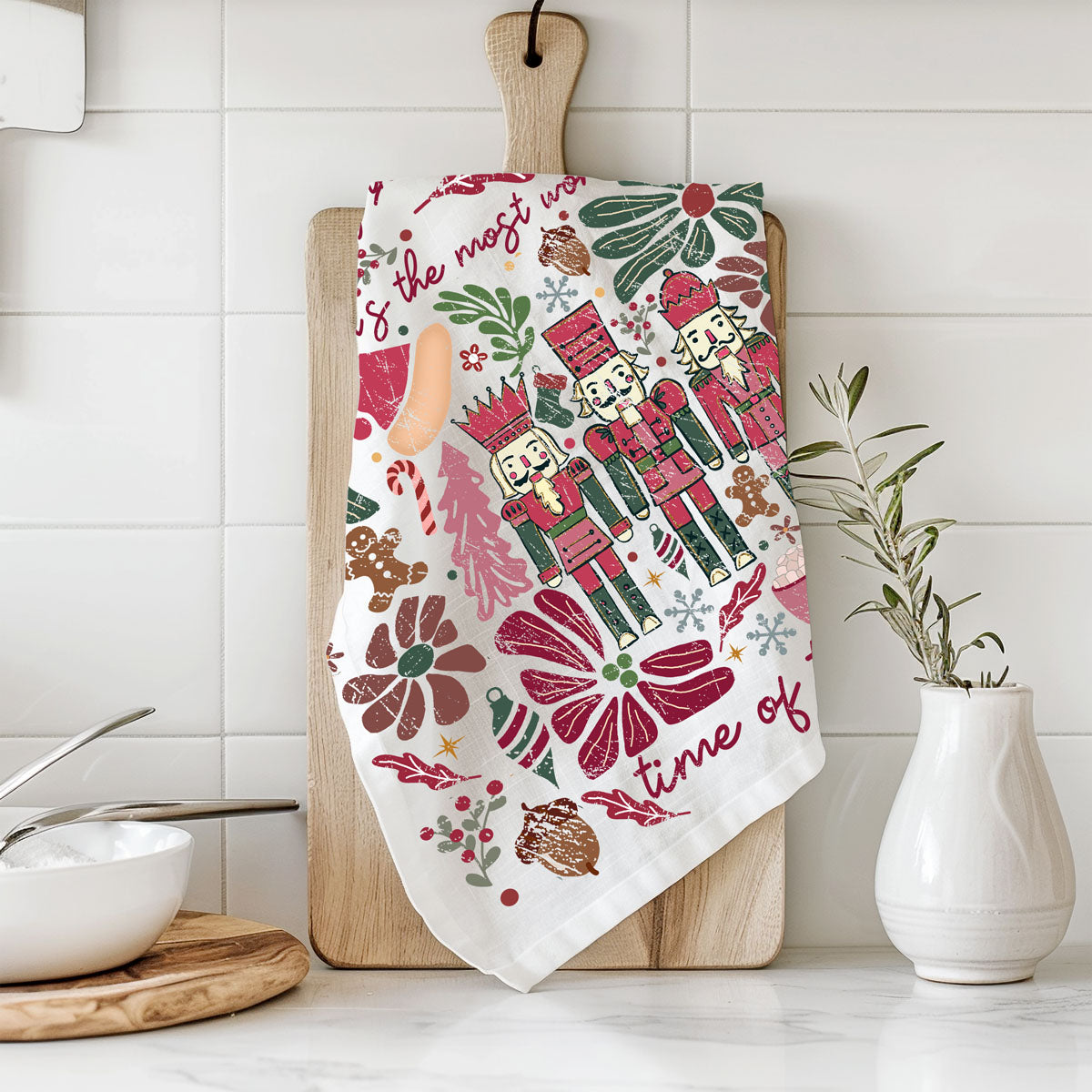 Boho Floral Nutcracker Christmas Kitchen Towel