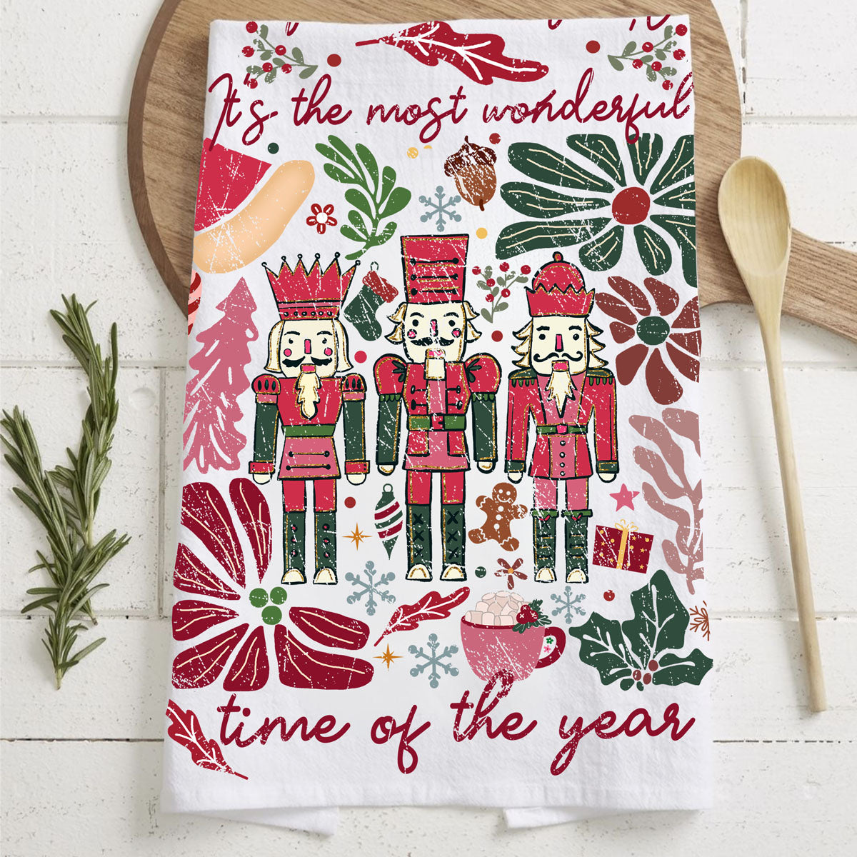 Boho Floral Nutcracker Christmas Kitchen Towel