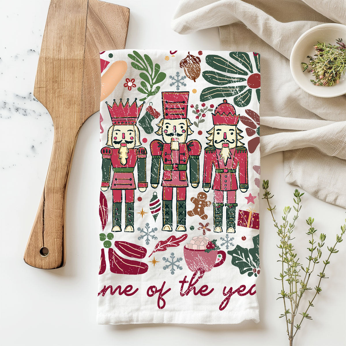 Boho Floral Nutcracker Christmas Kitchen Towel