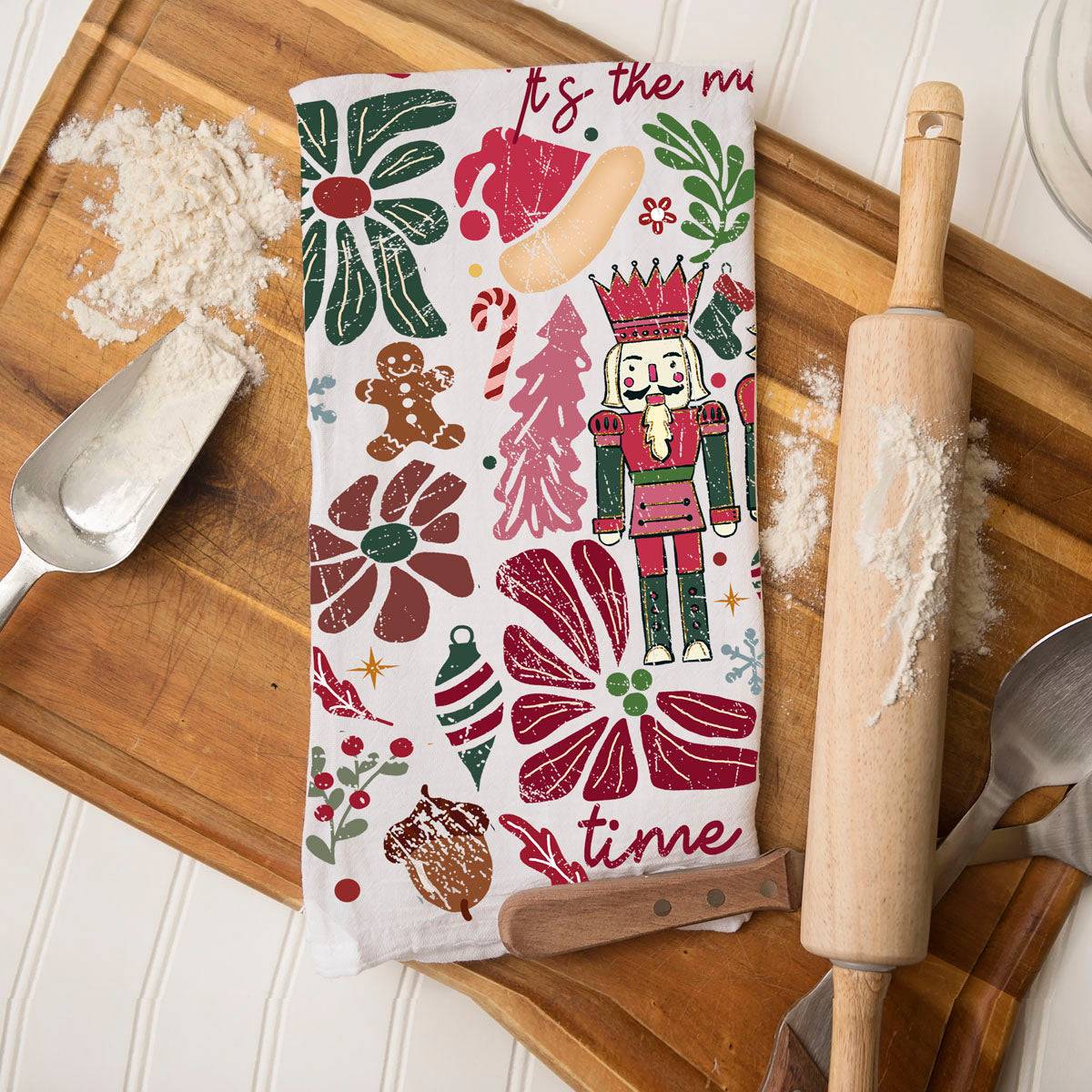 Boho Floral Nutcracker Christmas Kitchen Towel