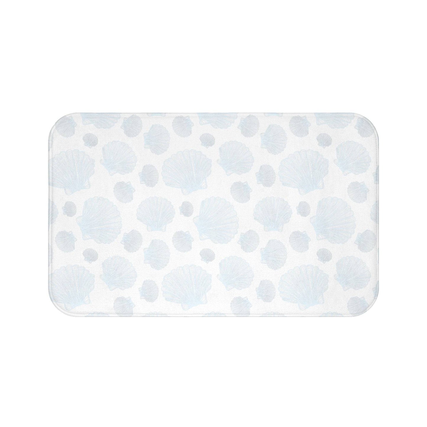 Ocean blue bath mat with delicate seashell designs, bringing a coastal touch to your home