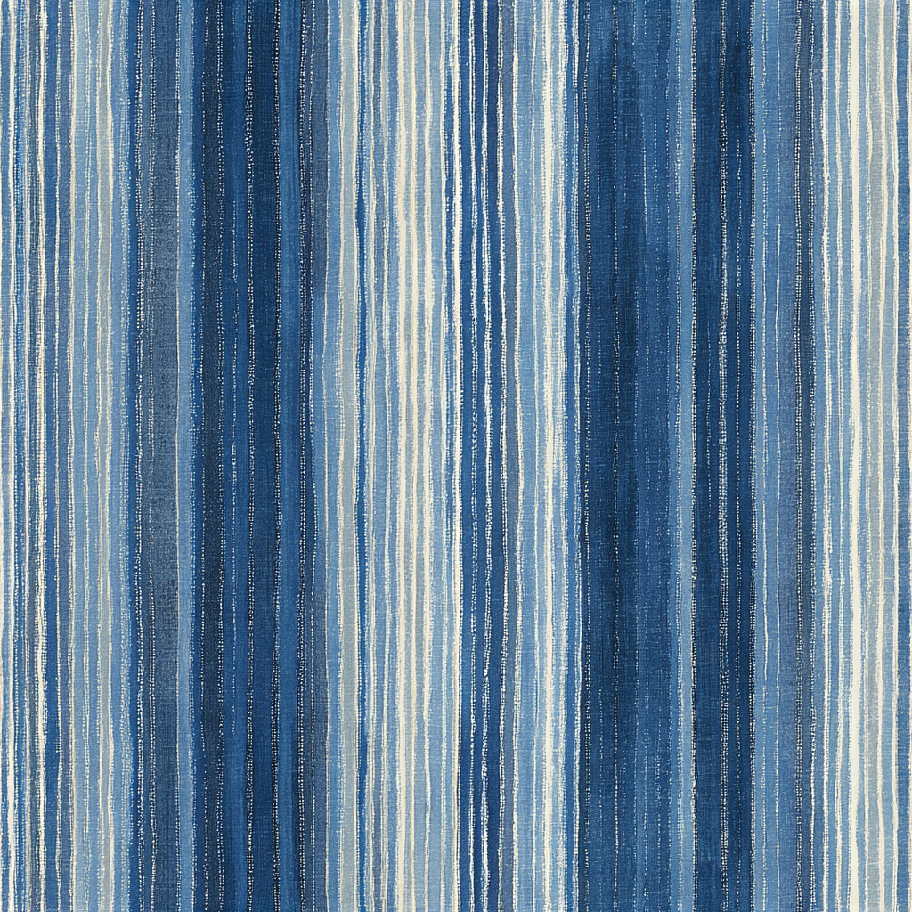 Modern coastal wallpaper with hand-dyed ikat texture and vertical blue stripes