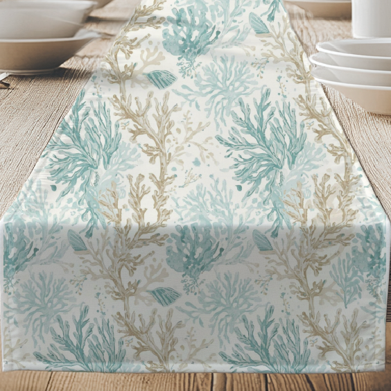 Close-up of coral and blue ocean-inspired table runner pattern