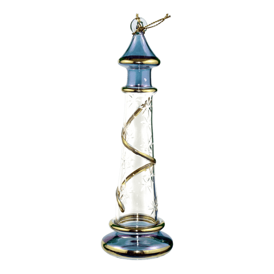Glass Lighthouse Ornament With Gold Accent - Blue
