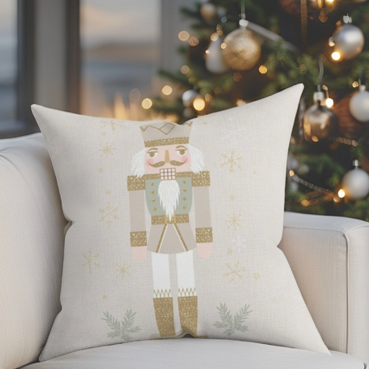 Whimsical Christmas throw pillow featuring a pastel nutcracker design and a plush pink velvet backing for holiday sofa decor.